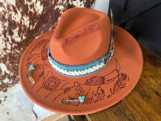 Rust Wide Brim Felt Hat [Cow Skull]