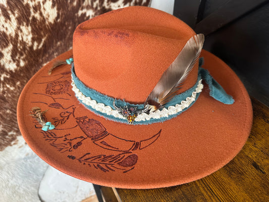 Rust Wide Brim Felt Hat [Cow Skull]